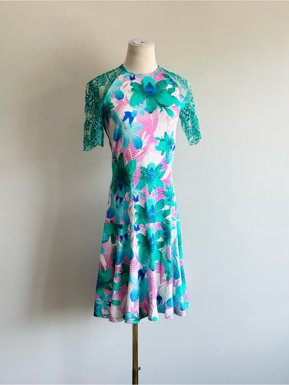 Matthew Williamson y2k Floral Fit-and-Flare Dress with Lace Sleeves